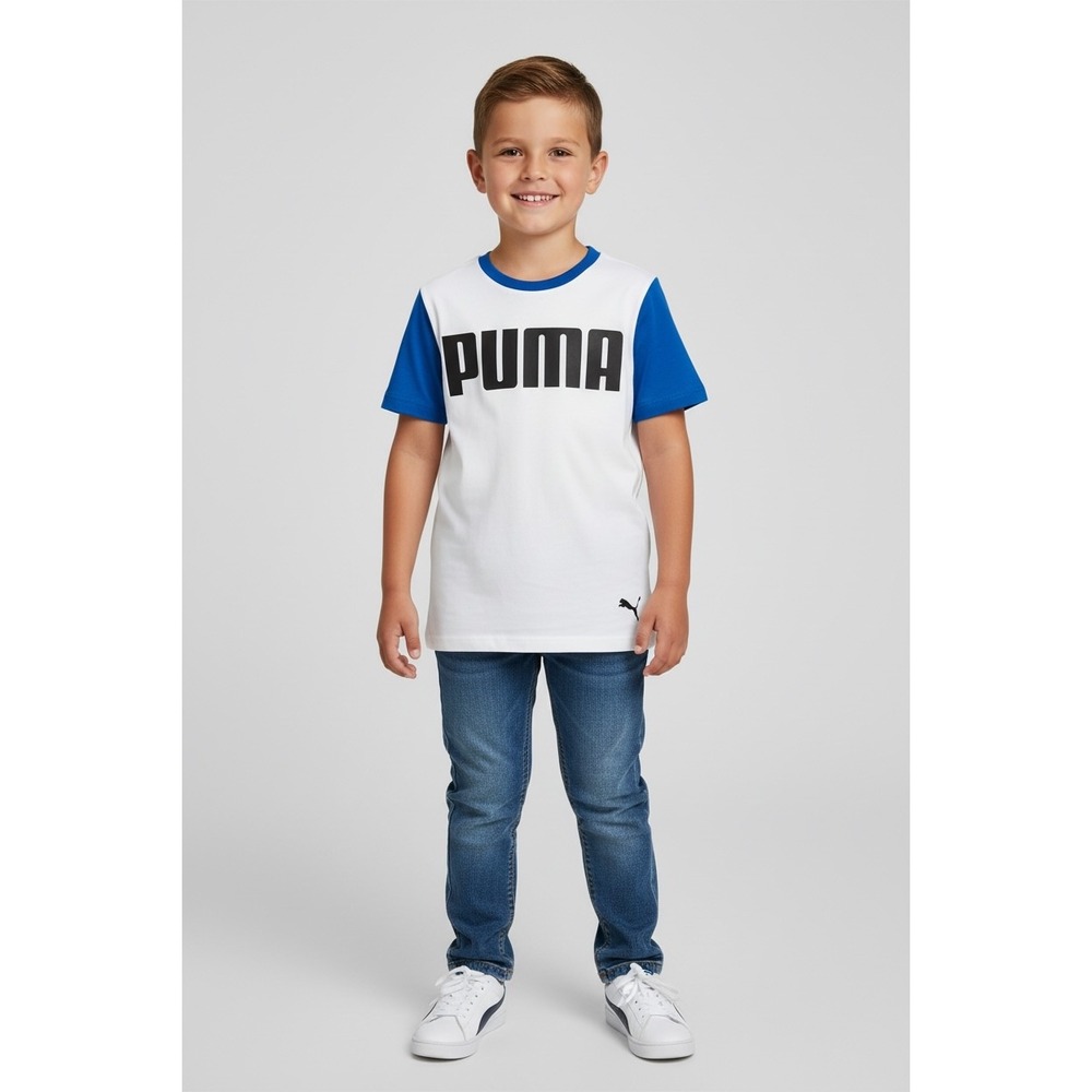 Puma White Tee with ROYAL‎ Blue Sleeves and Black Logo